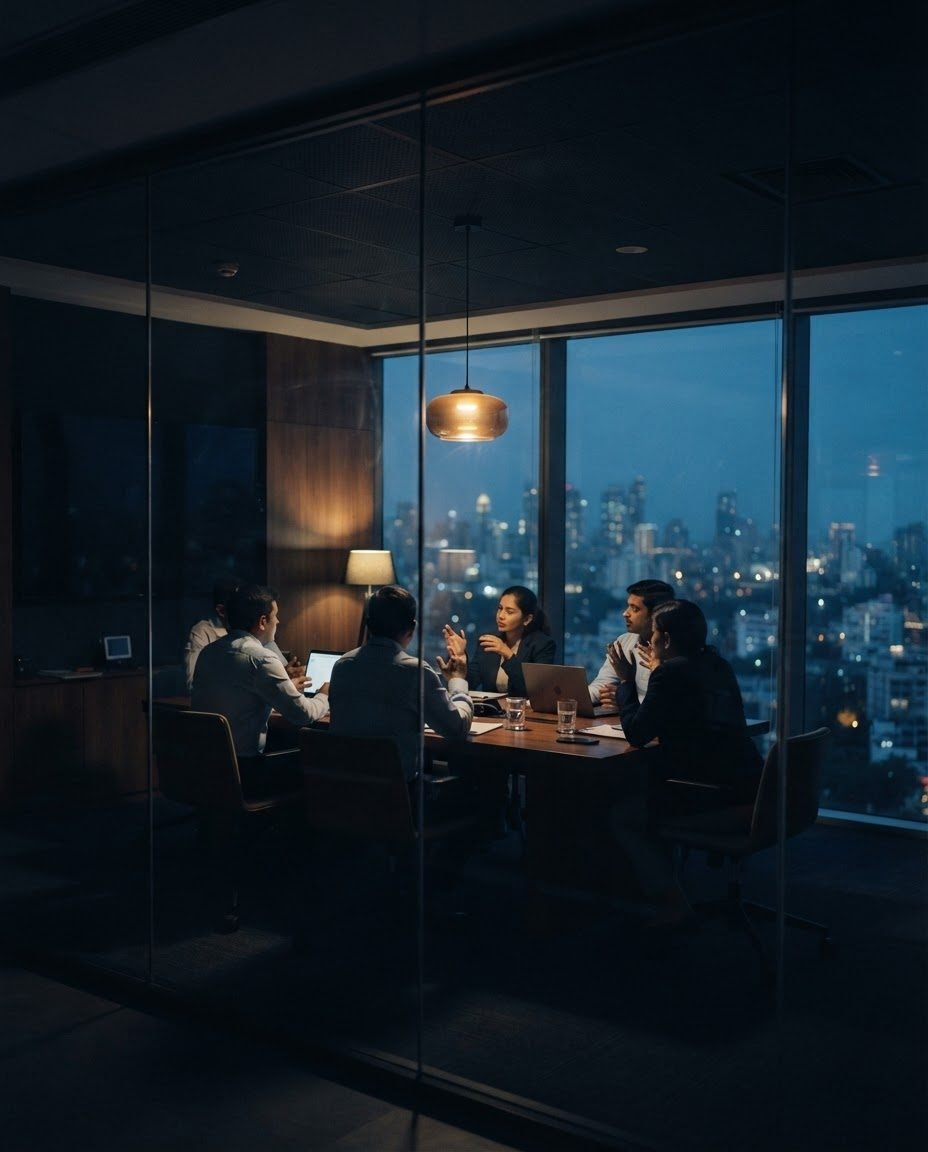 A team in discussion around a table at dusk, city lights beyond the window